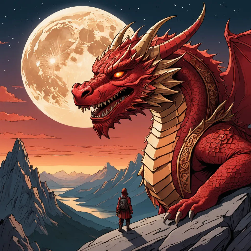 a red dragon with a man standing on a mountain top in front of a full moon and a mountain, fantasy art, a storybook illustration, Dan Mumford, dragon art