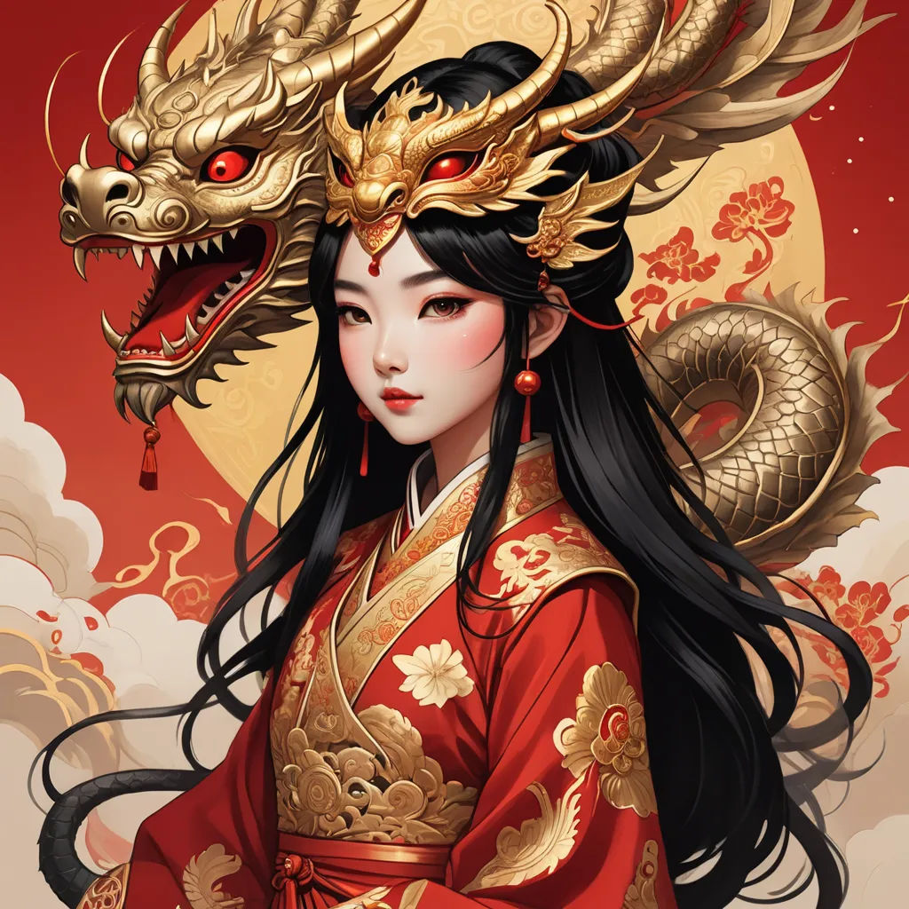 a woman in a red and gold dress with a dragon headpiece on her head and a dragon on her shoulder, fantasy art, a detailed painting, Chen Hong, dragon art