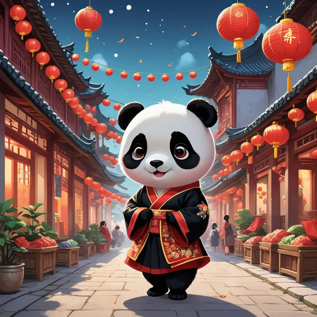 a panda bear dressed in a chinese outfit standing in a street with lanterns in the background and a building with red lanterns, art & language, a storybook illustration, Cui Bai, professional digital painting