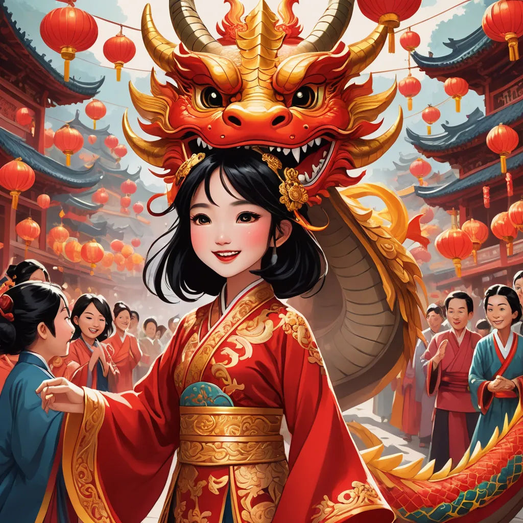 a woman in a red and gold dress with a dragon head on her head and a crowd of people behind her, fantasy art, a storybook illustration, Artgerm, stanley artgerm lau