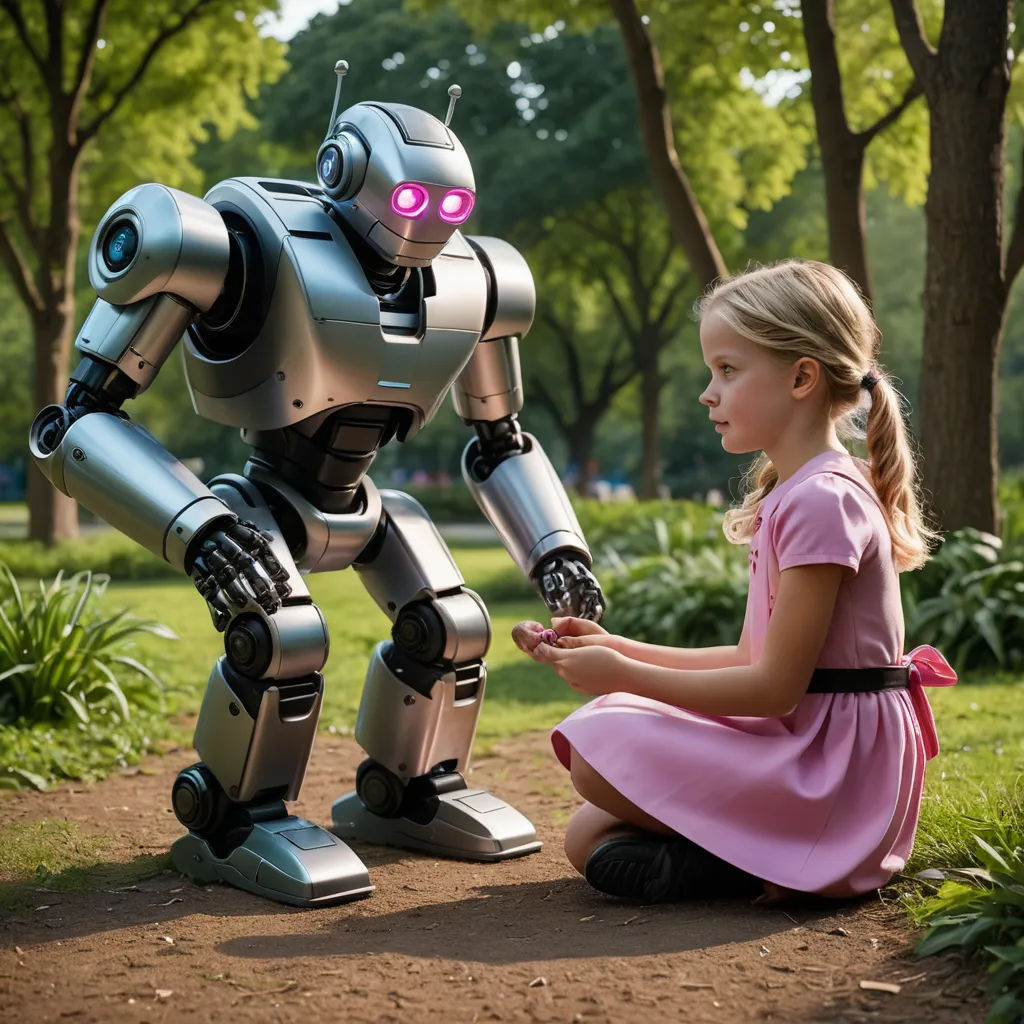 a little girl sitting on the ground next to a robot toy in a park with trees and grass in the background, les automatistes, a stock photo, Beeple, robots