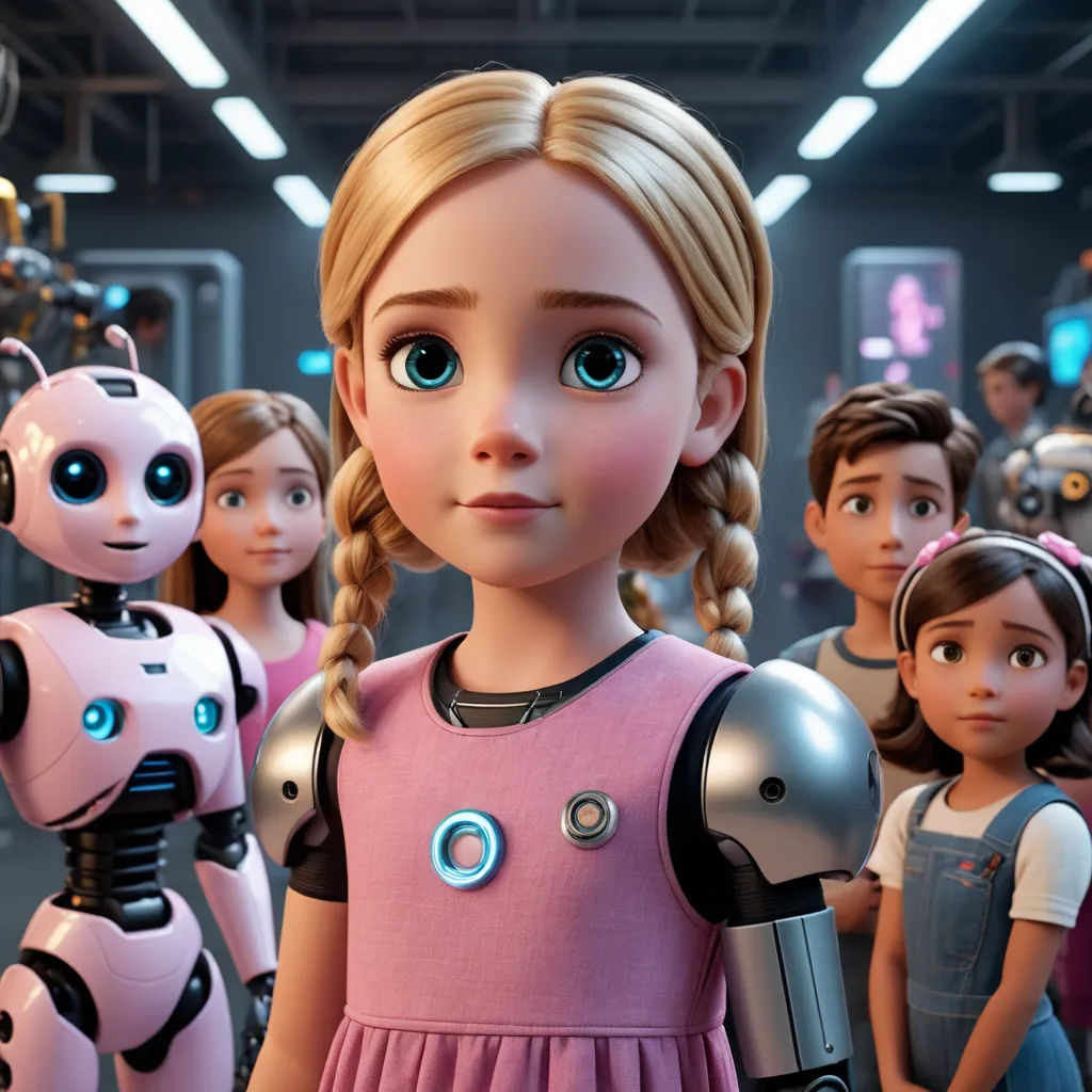 a group of children standing next to each other in a room with robots on the wall and a woman in a pink dress, les automatistes, a computer rendering, Ai-Mitsu, promotional image
