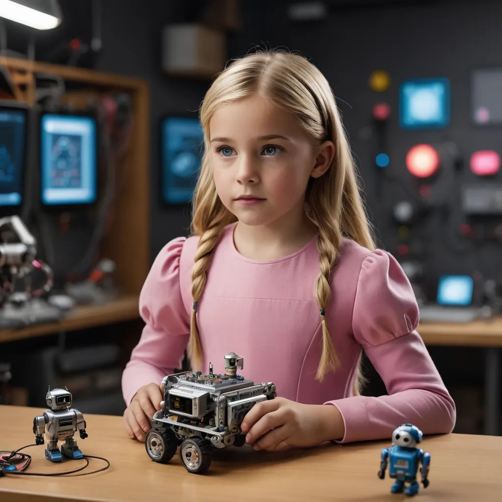 a little girl sitting at a table with a toy truck and robot toys on it, in front of a computer screen, les automatistes, a computer rendering, Daniel Lieske, promotional image
