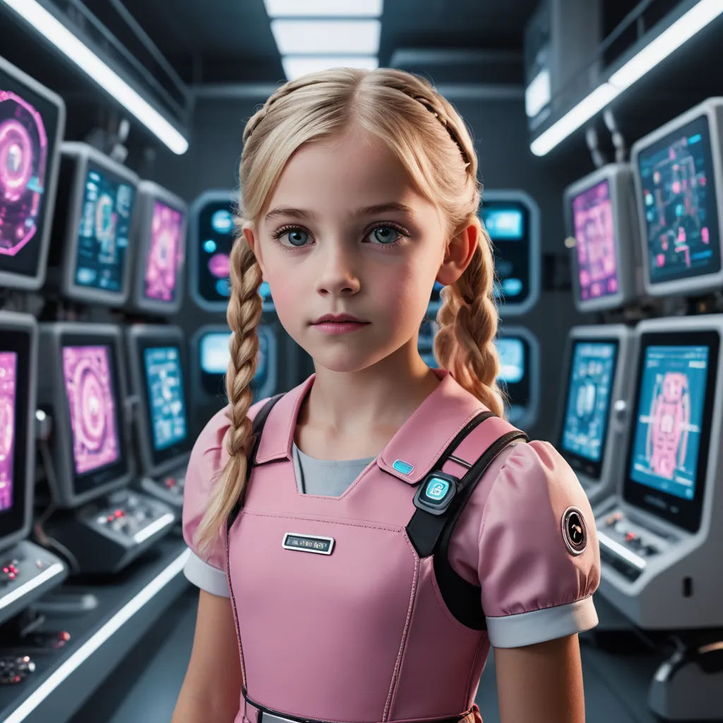 a young girl in a pink dress standing in front of a computer room with many monitors on the wall, retrofuturism, a character portrait, Daniel Lieske, promotional image