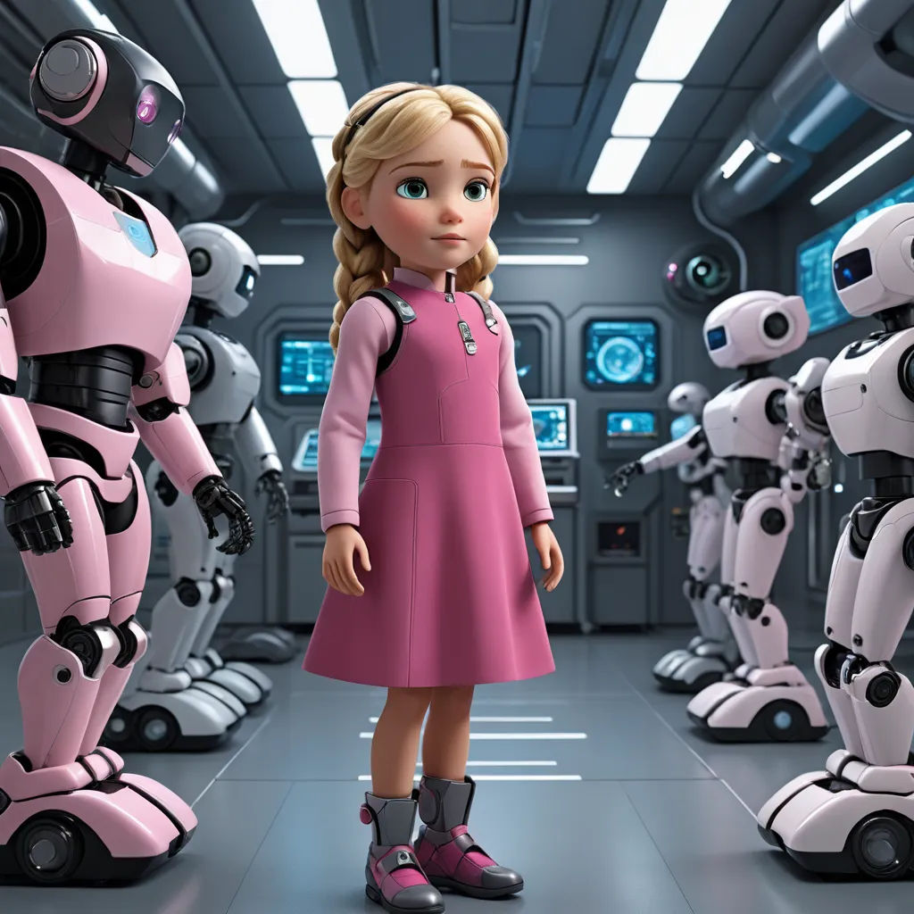 a girl in a pink dress standing in front of a group of robots in a room with a ceiling, antipodeans, a computer rendering, Beeple, promotional image