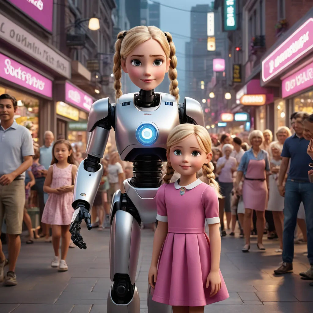 a woman and a girl standing next to a robot on a city street with people walking by onlookers, panfuturism, a computer rendering, Ai-Mitsu, promotional image