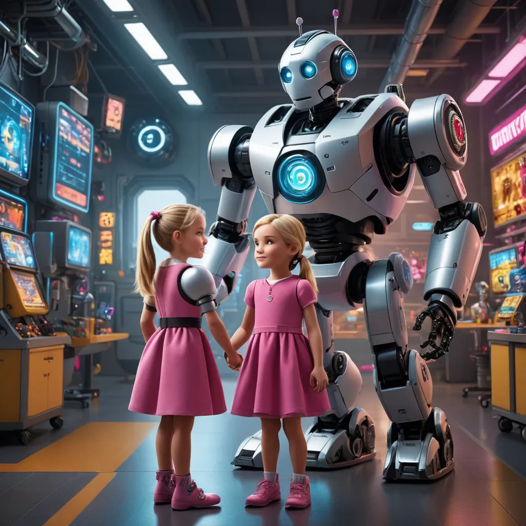 two little girls standing in front of a robot in a room with a tv screen and a television set, les automatistes, a computer rendering, Beeple, pixar and disney animation