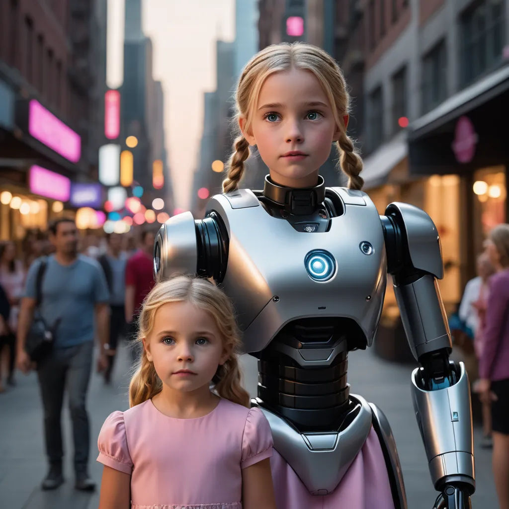 a little girl standing next to a robot on a city street with a woman in a pink dress behind her, retrofuturism, a stock photo, Beeple, ex machina