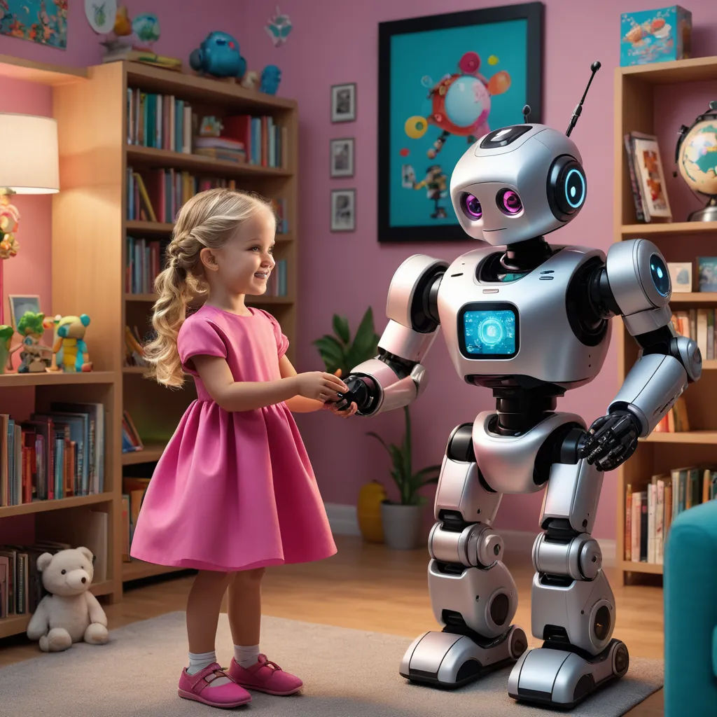 a little girl standing next to a robot in a room with a bookcase and a teddy bear on the floor, les automatistes, a stock photo, Doug Ohlson, robots