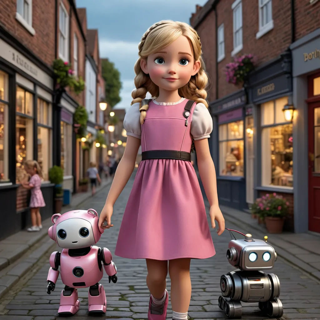 a little girl in a pink dress walking with a robot toy on a sidewalk in front of a store, panfuturism, a character portrait, Dorothy Coke, promotional image