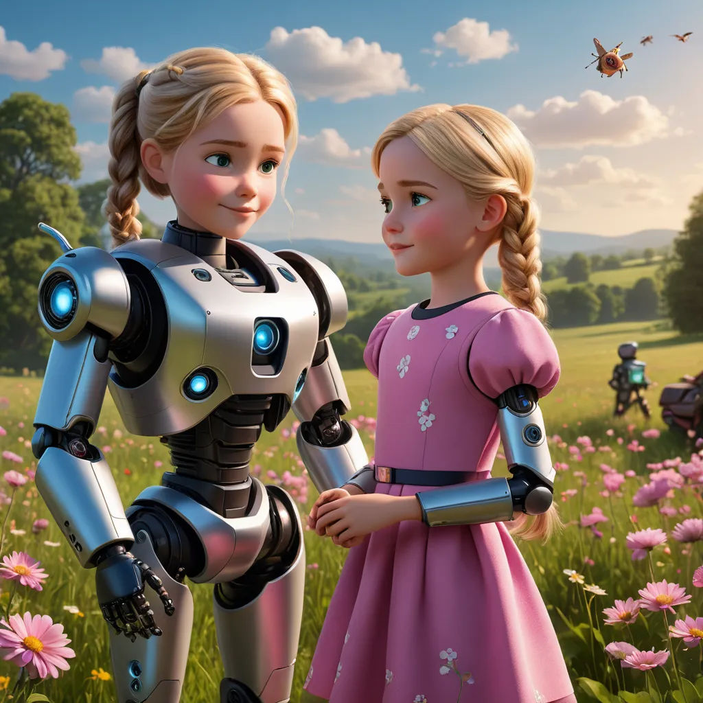 a couple of girls standing next to each other in a field of flowers with a robot in the background, les automatistes, a computer rendering, disney, promotional image
