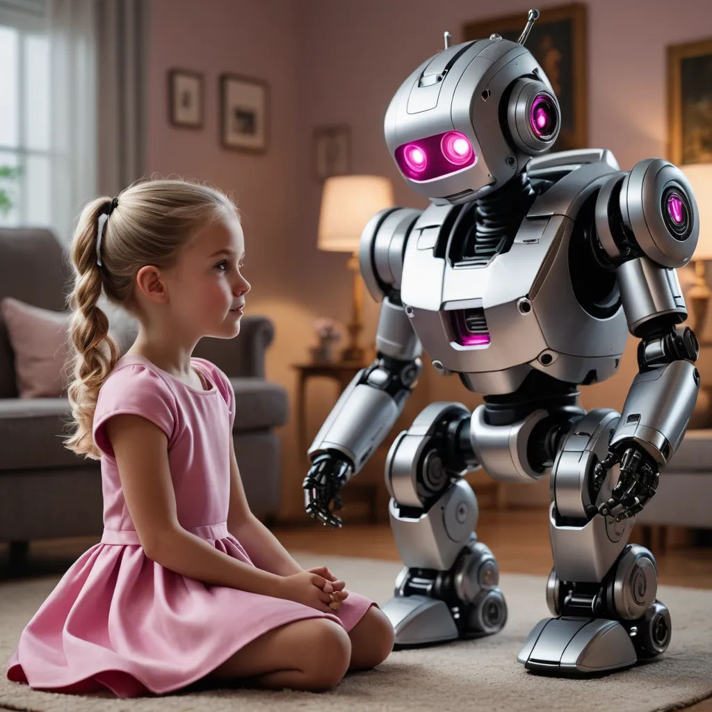 a little girl sitting on the floor next to a robot toy in a living room with a couch and a lamp, les automatistes, a stock photo, Doug Ohlson, robots