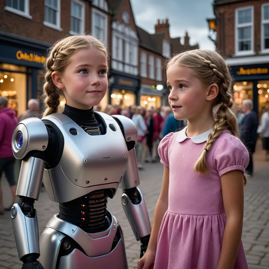 two girls standing next to each other in front of a robot suit on a street corner with people walking by, retrofuturism, a stock photo, Anson Maddocks, promotional image