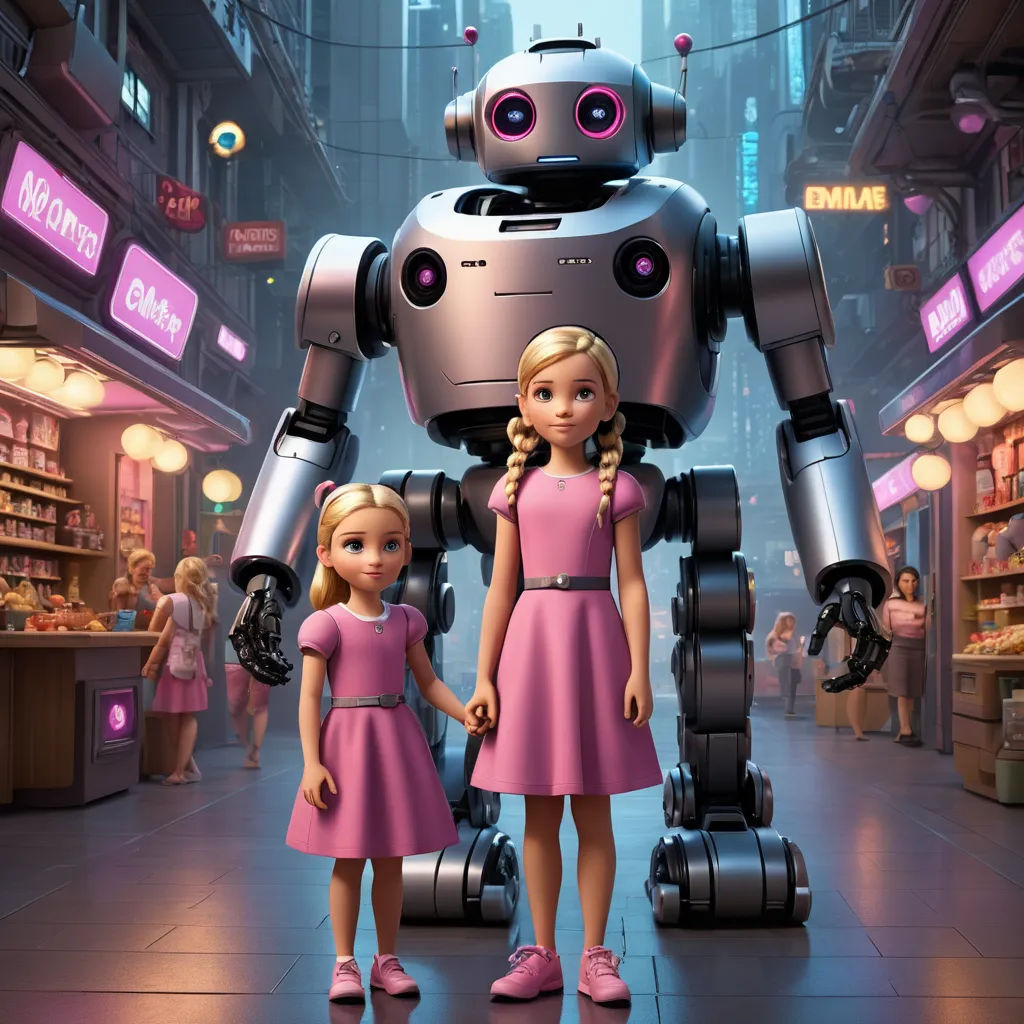 a couple of girls standing next to a robot in a store filled with people and a shopping center with a large robot, les automatistes, a poster, disney, pixar and disney animation