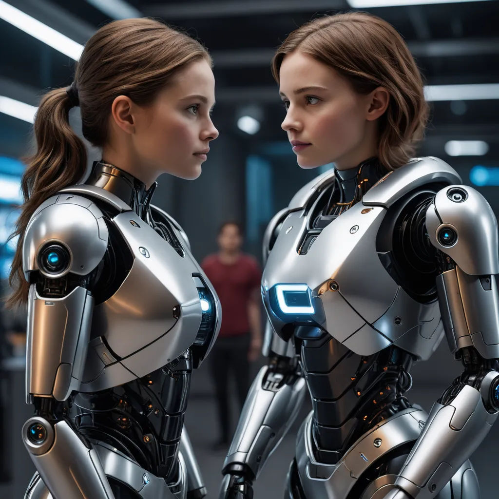 two women in a futuristic setting with a robot in the foreground and a man in the background looking at each other, les automatistes, computer graphics, Ai-Mitsu, ex machina
