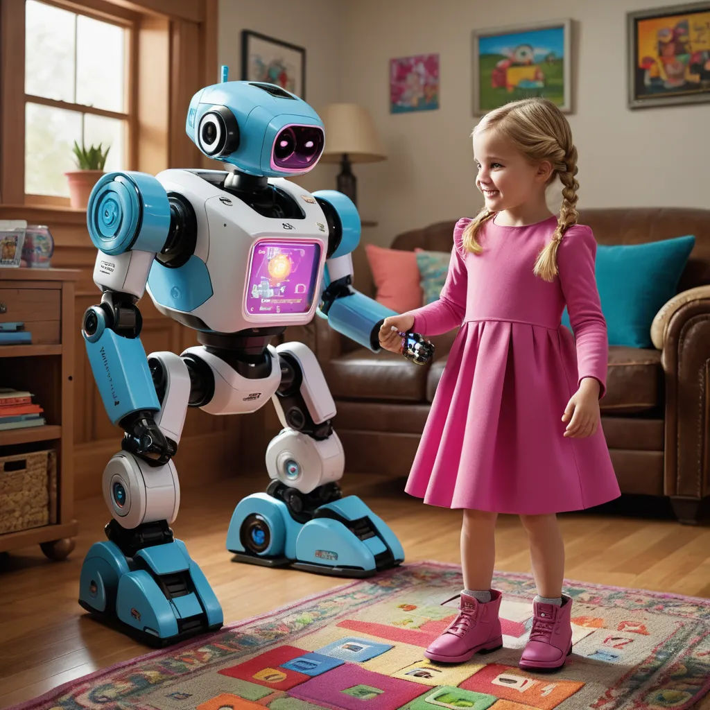 a little girl standing next to a robot toy in a living room with a couch and a rug on the floor, les automatistes, a computer rendering, Dahlov Ipcar, robots