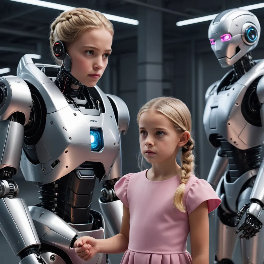 a little girl standing next to a robot with a girl in a pink dress looking at it with a robot behind her, les automatistes, a stock photo, Artur Tarnowski, ex machina