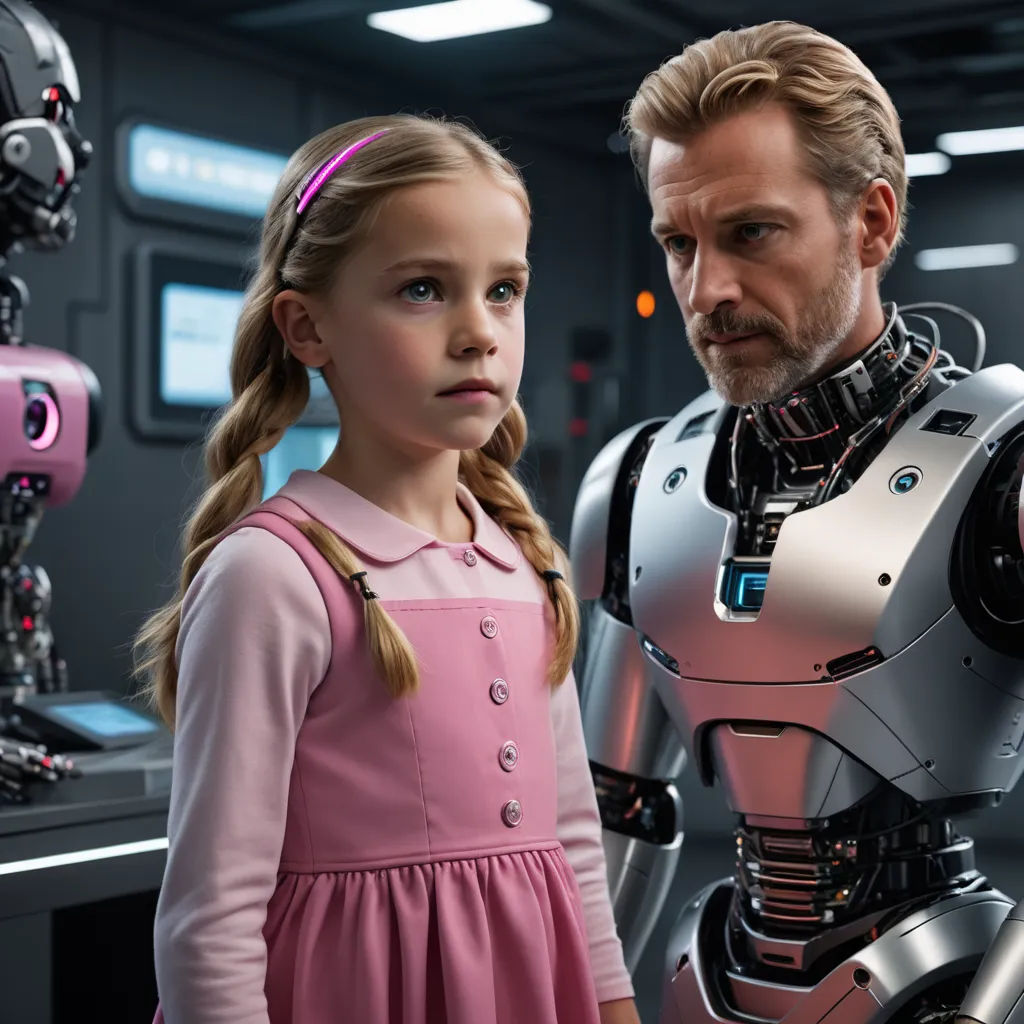 a man and a little girl standing next to each other in a room with robots on the walls and a woman in a pink dress, les automatistes, a stock photo, Artur Tarnowski, promotional image