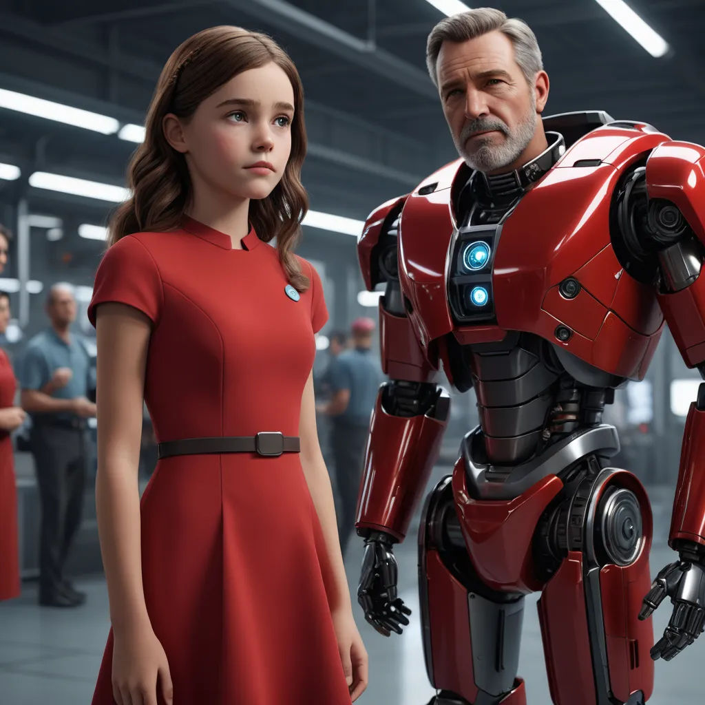 a woman in a red dress standing next to a robot in a warehouse with other people in the background, les automatistes, computer graphics, Anson Maddocks, unreal engine 5 highly rendered