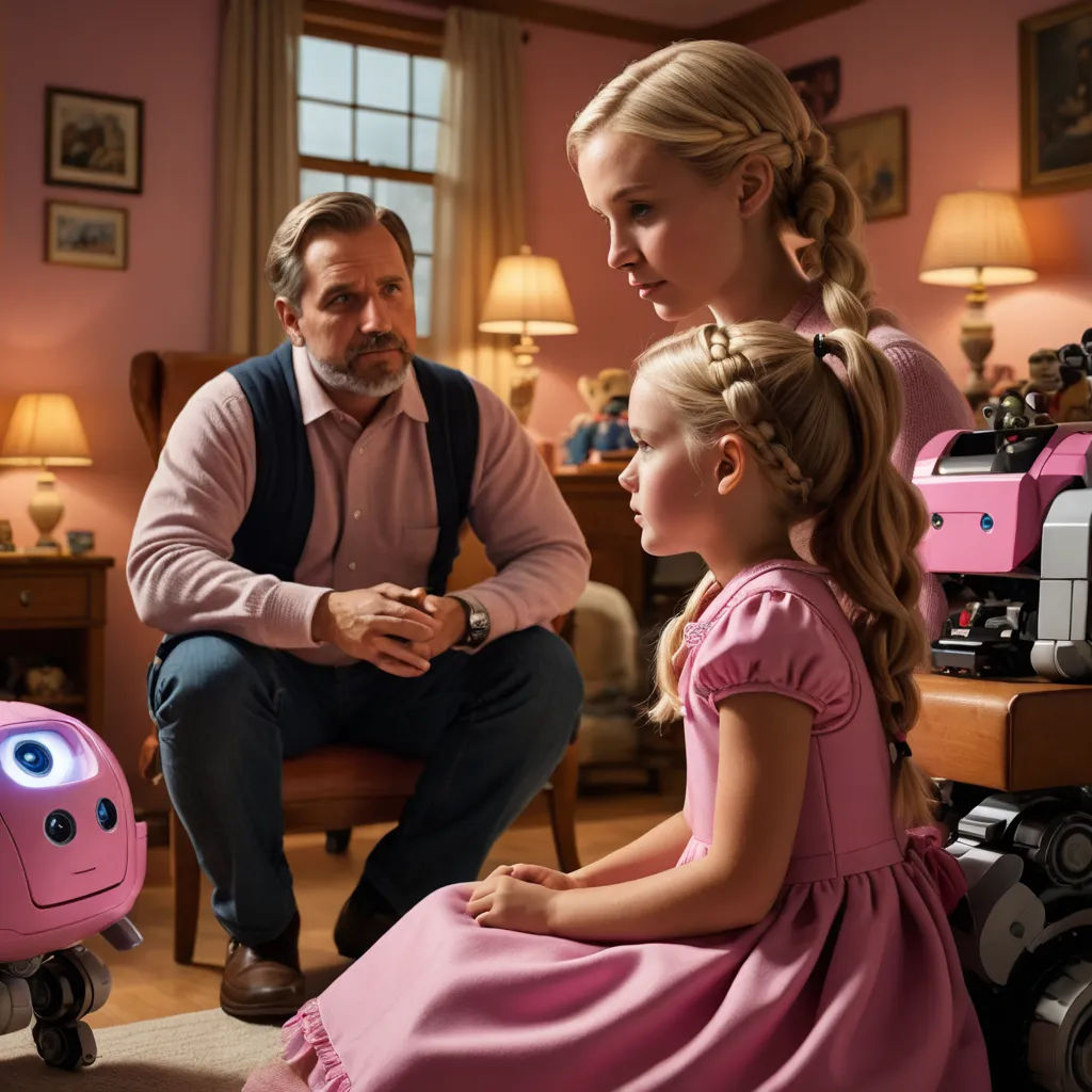 a man and a little girl are looking at a robot in a room with other toys and a man, les automatistes, a computer rendering, Dahlov Ipcar, promotional image