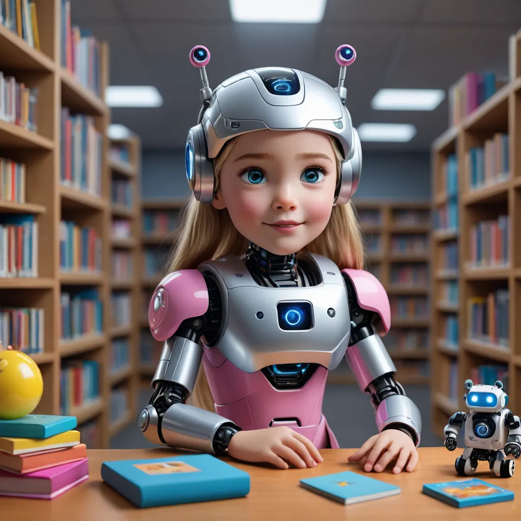 a girl in a pink dress sitting at a table with a robot toy next to her and a bookcase full of books, les automatistes, a computer rendering, Beeple, promotional image