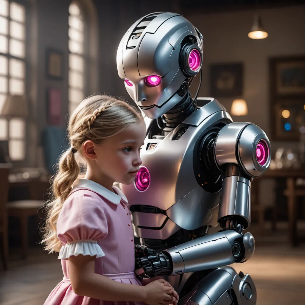 a little girl standing next to a robot in a room with a window and a light on it's head, les automatistes, a stock photo, Artur Tarnowski, ex machina