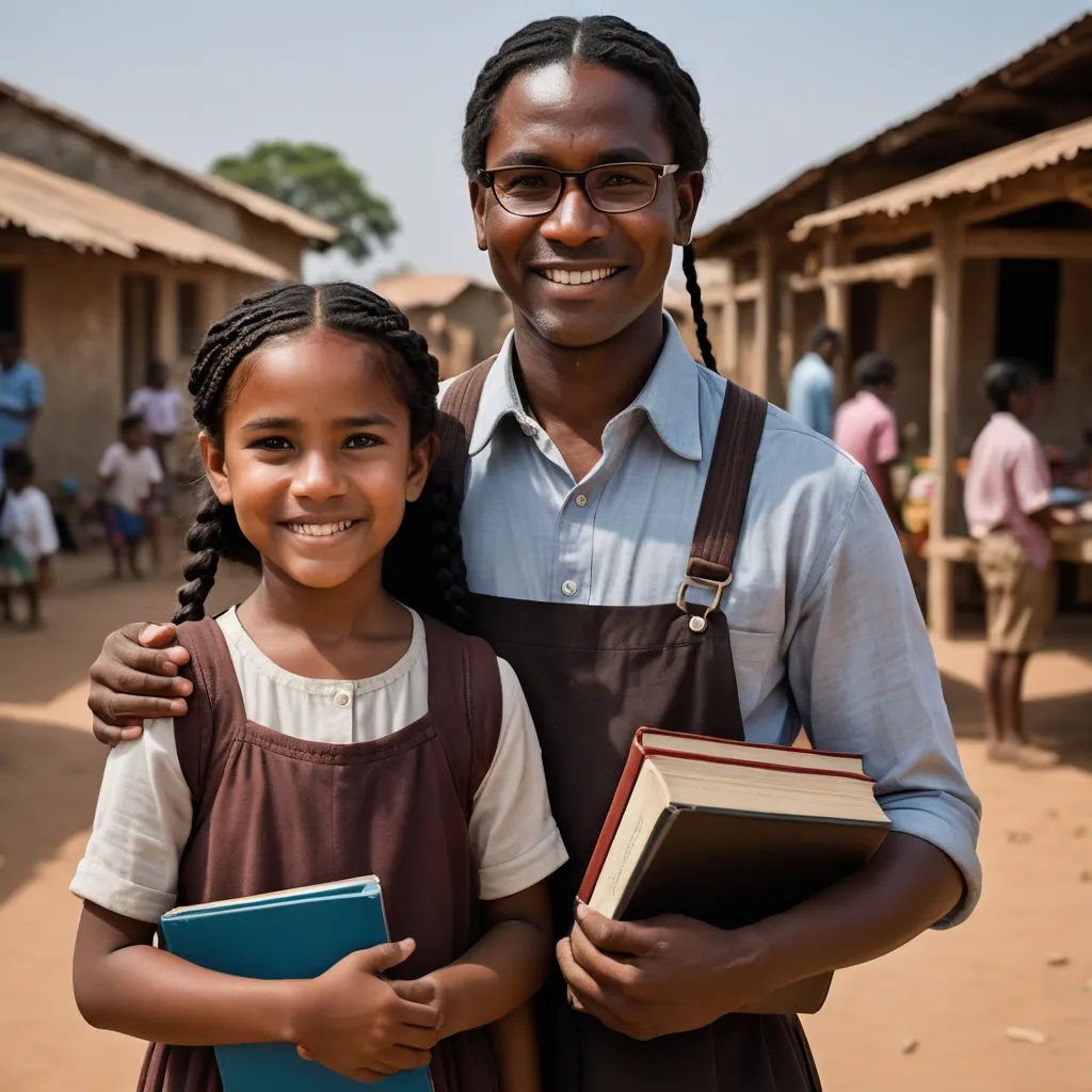 a man and a girl are standing together outside of a building with a book in their hands and a book in their hands, heidelberg school, a poster, Bruce Onobrakpeya, promotional image