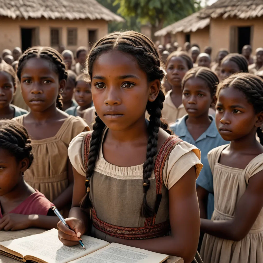 a group of young girls standing around a book and pen in front of a group of other girls in a village, paris school, a poster, Christabel Dennison, movie still frame