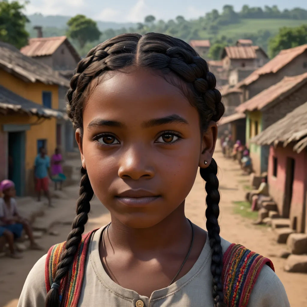 a young girl with braids standing in front of a village with people sitting on the side of the road, photorealism, a detailed matte painting, Ella Guru, uhd 8 k