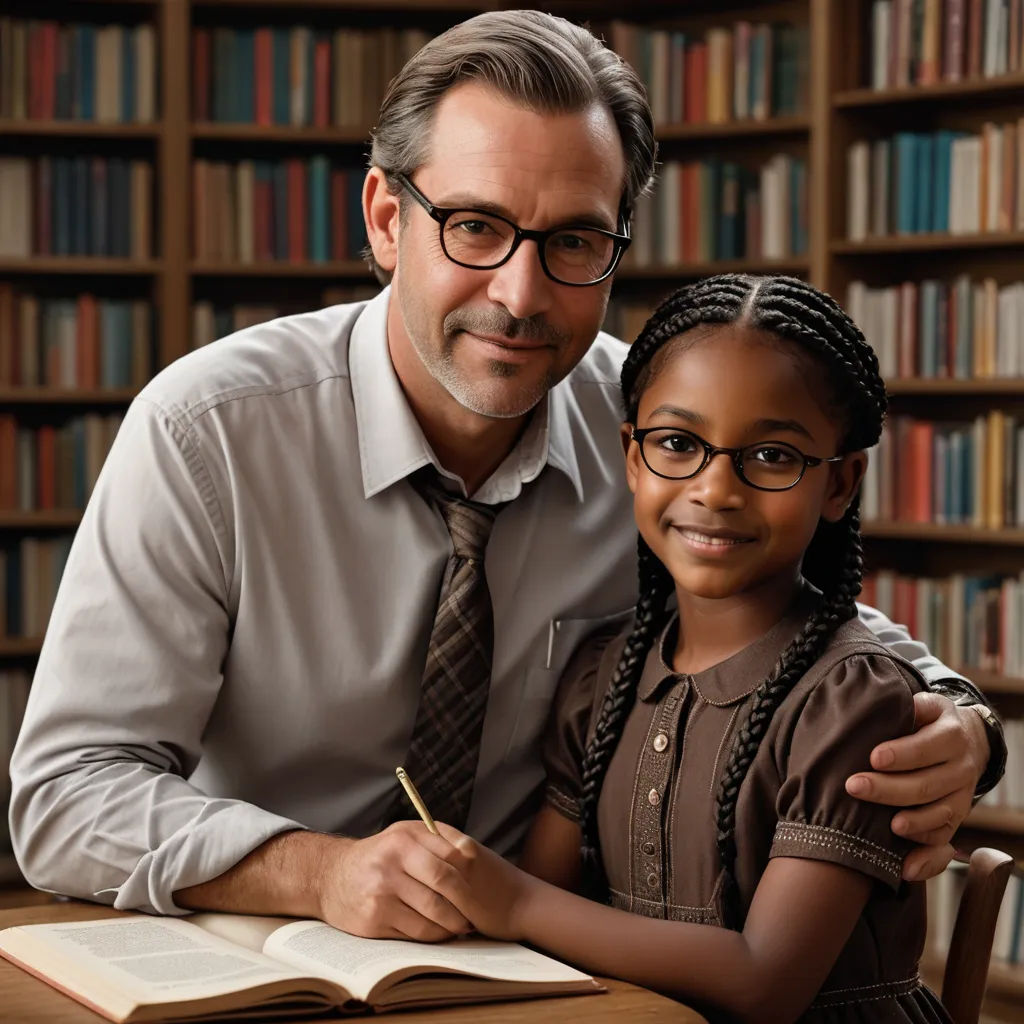 a man and a little girl sitting at a table in front of a bookcase with books on it, heidelberg school, a stock photo, Christian Hilfgott Brand, promotional image