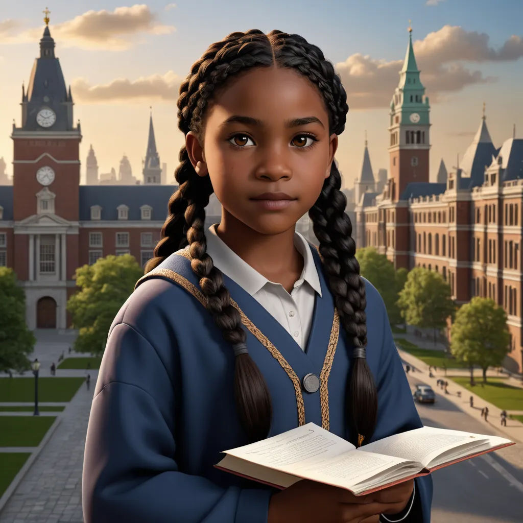 a girl with braids holding a book in front of a building with a clock tower in the background, photorealism, a character portrait, Chris LaBrooy, official art