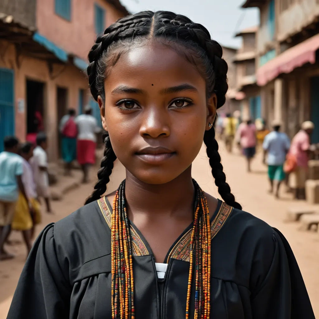 a young girl with braids standing in a street in a village in africa, looking at the camera, bengal school of art, a portrait, Afewerk Tekle, award-winning photograph