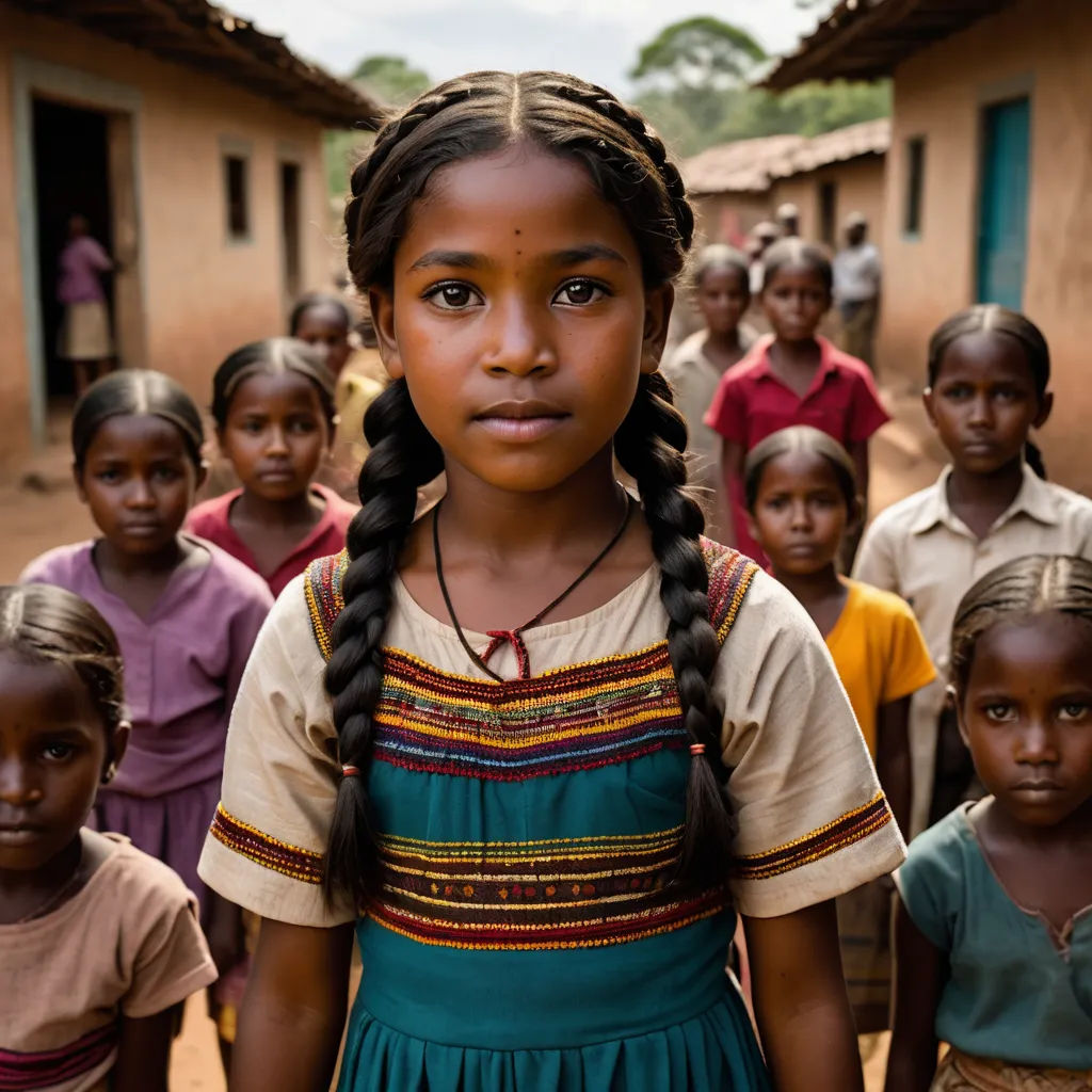 a group of children standing in front of a building with a woman in the middle of the picture and a third girl in the background, samikshavad, a poster, Ella Guru, award-winning photograph