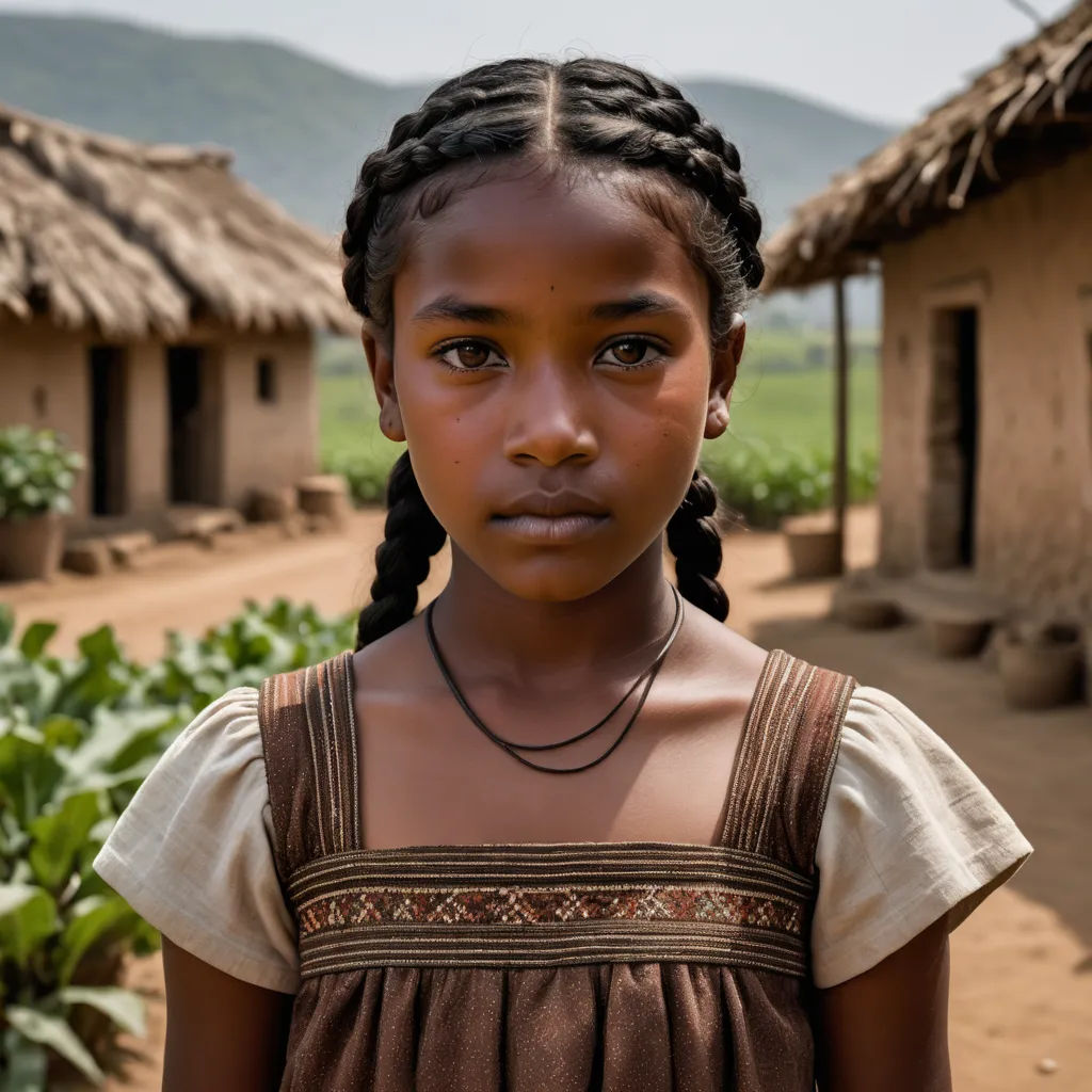 a young girl standing in front of a hut with a grass roof and a mountain in the background with a few trees, primitivism, a character portrait, Ella Guru, cinematic photography