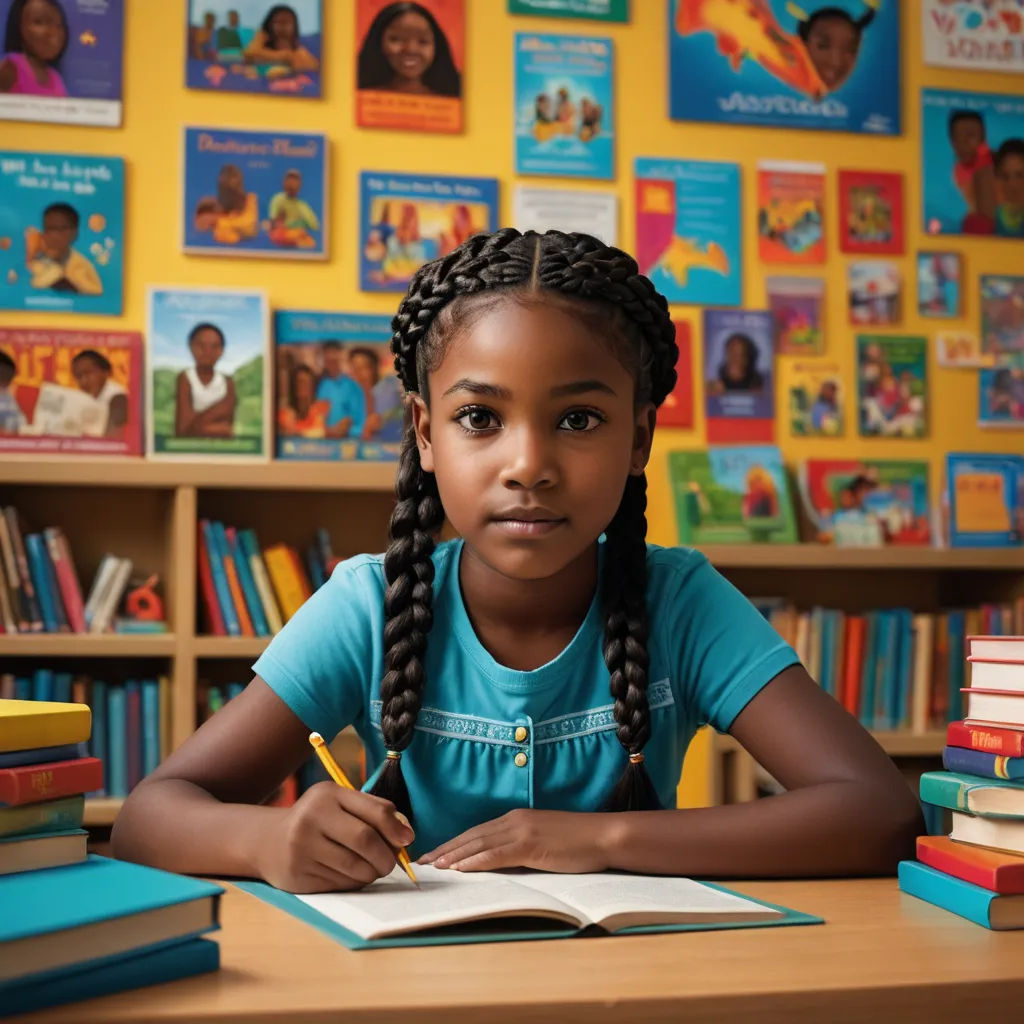 a young girl sitting at a desk with a book and pencil in her hand and a stack of books behind her, harlem renaissance, a poster, Chinwe Chukwuogo-Roy, promotional image