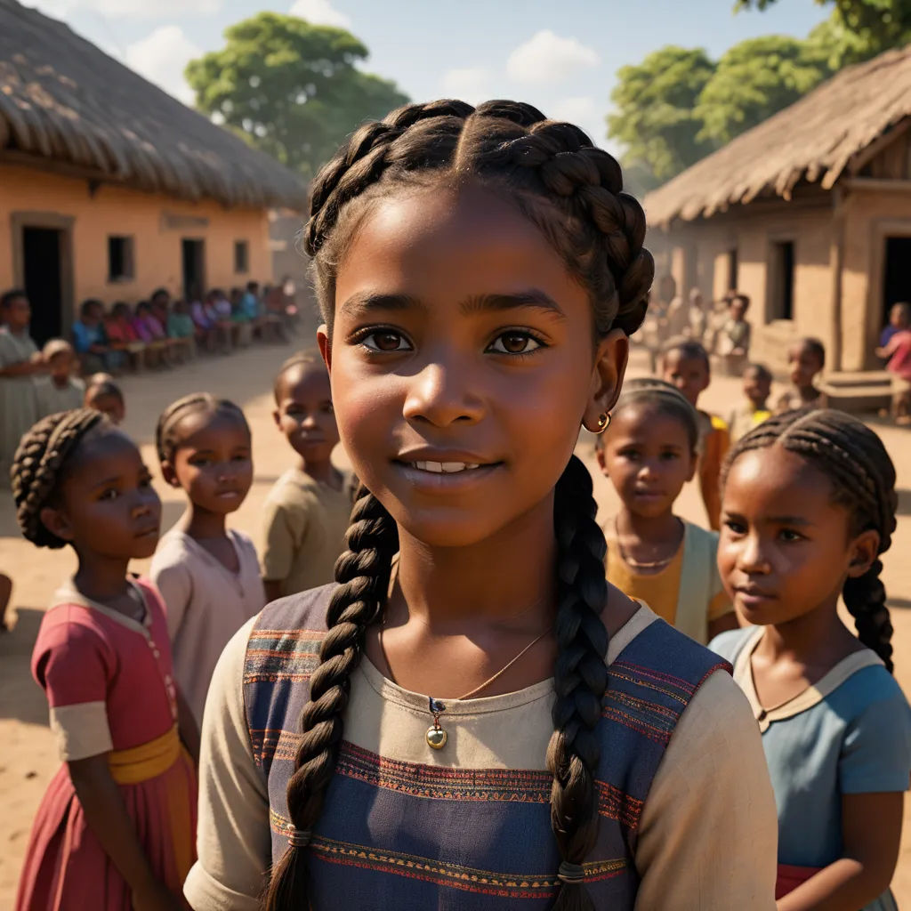 a group of children standing in front of a building with a straw roof and a small hut on the other side, afrofuturism, a poster, Ella Guru, promotional image