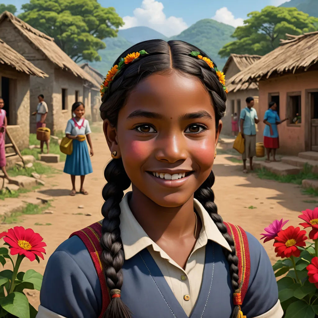 a girl in a school uniform standing in front of a village with flowers and a boy in the background, photorealism, a detailed painting, Ella Guru, cgstudio
