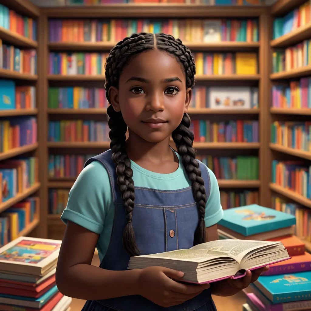 a young girl holding a book in a library full of books and bookshelves with a bookcase full of books, photorealism, a character portrait, Chinwe Chukwuogo-Roy, character portrait