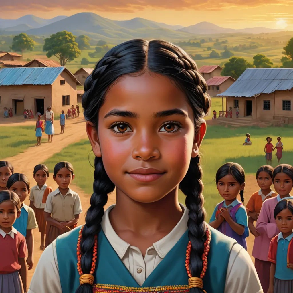 a painting of a girl in a school uniform with a group of children in the background and a sunset, magical realism, a detailed painting, Ella Guru, book cover