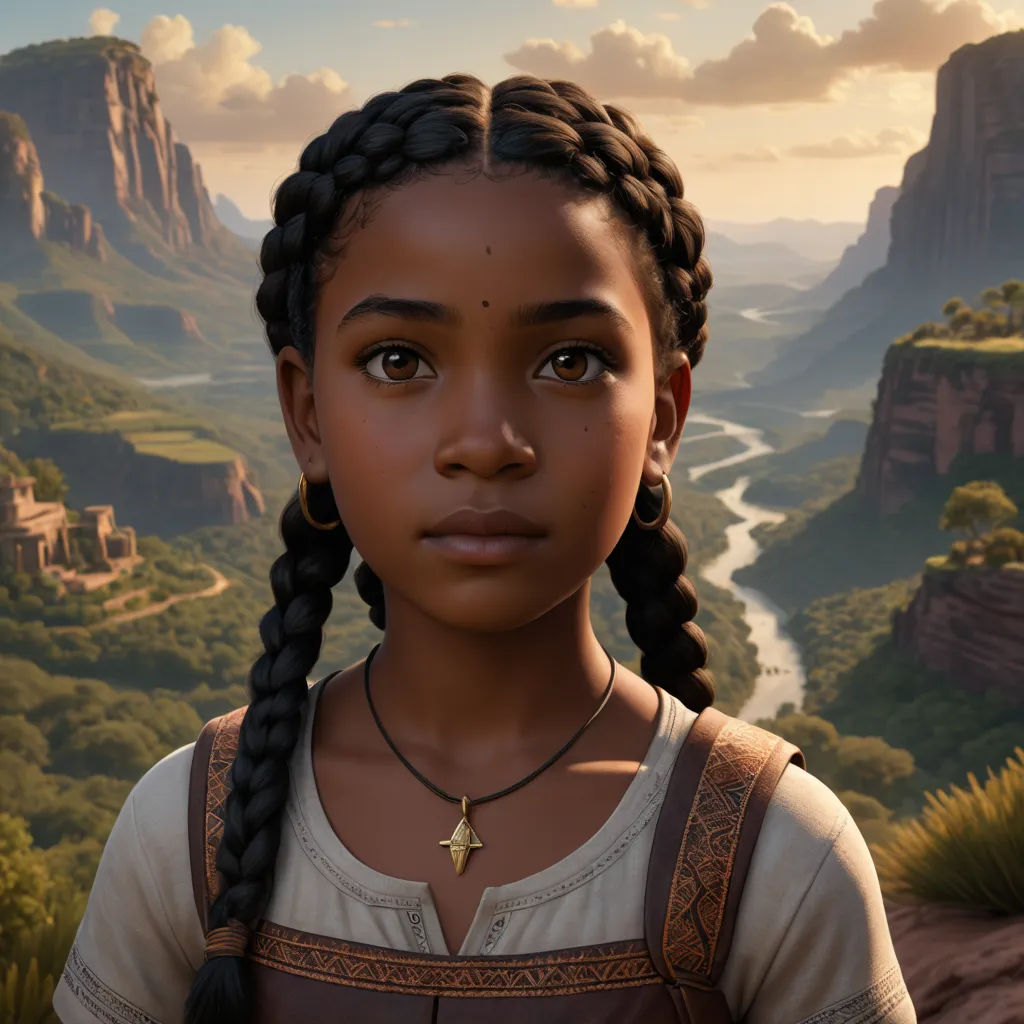 a young girl with braids standing in front of a mountain landscape with a river running through it and a valley in the background, photorealism, a detailed matte painting, Ada Hill Walker, cgstudio