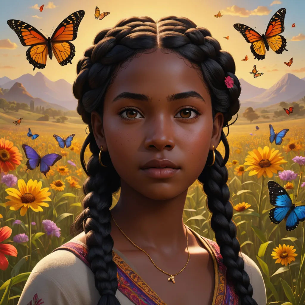 a girl with braids and butterflies on her head in a field of flowers and butterflies in the sky, magical realism, an album cover, Constance Gordon-Cumming, kinkade