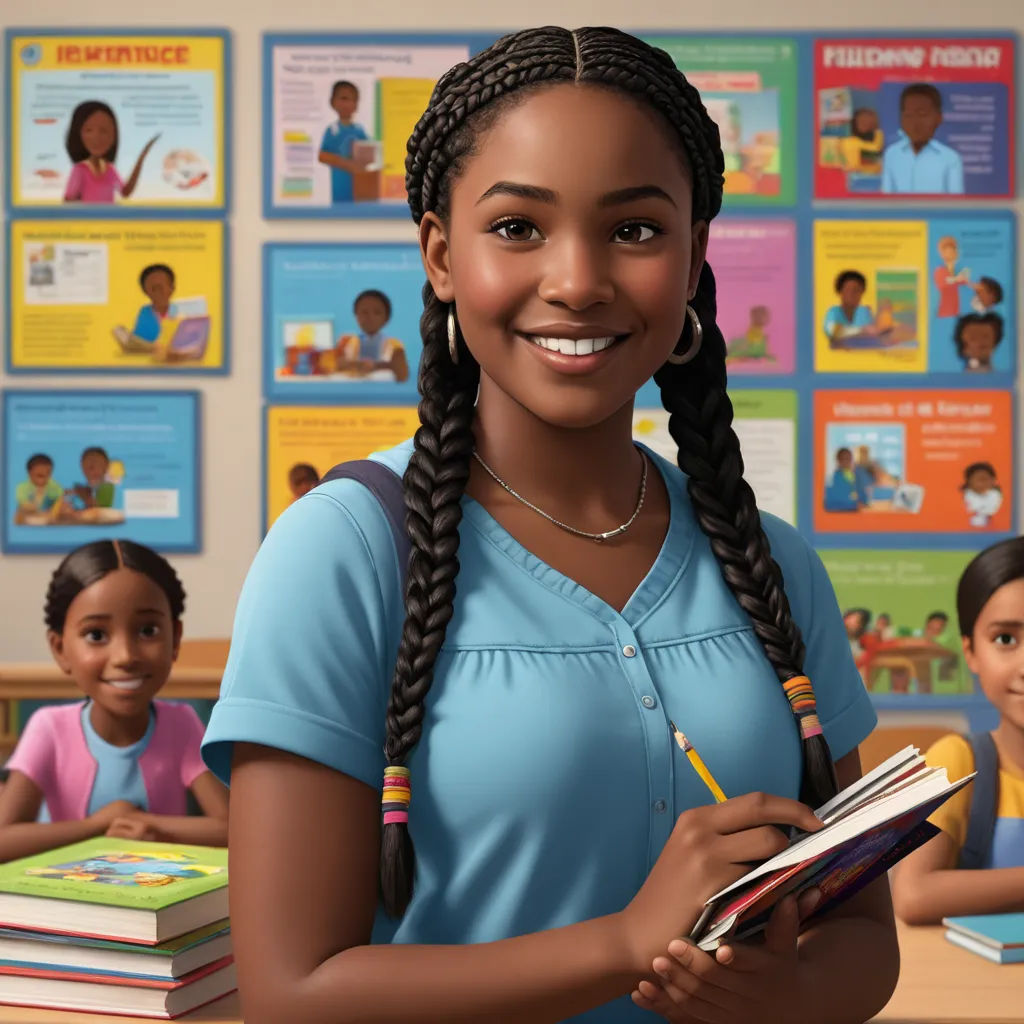 a girl is smiling while holding a book in front of a classroom of children with posters on the wall, sots art, a poster, Chinwe Chukwuogo-Roy, brown skin