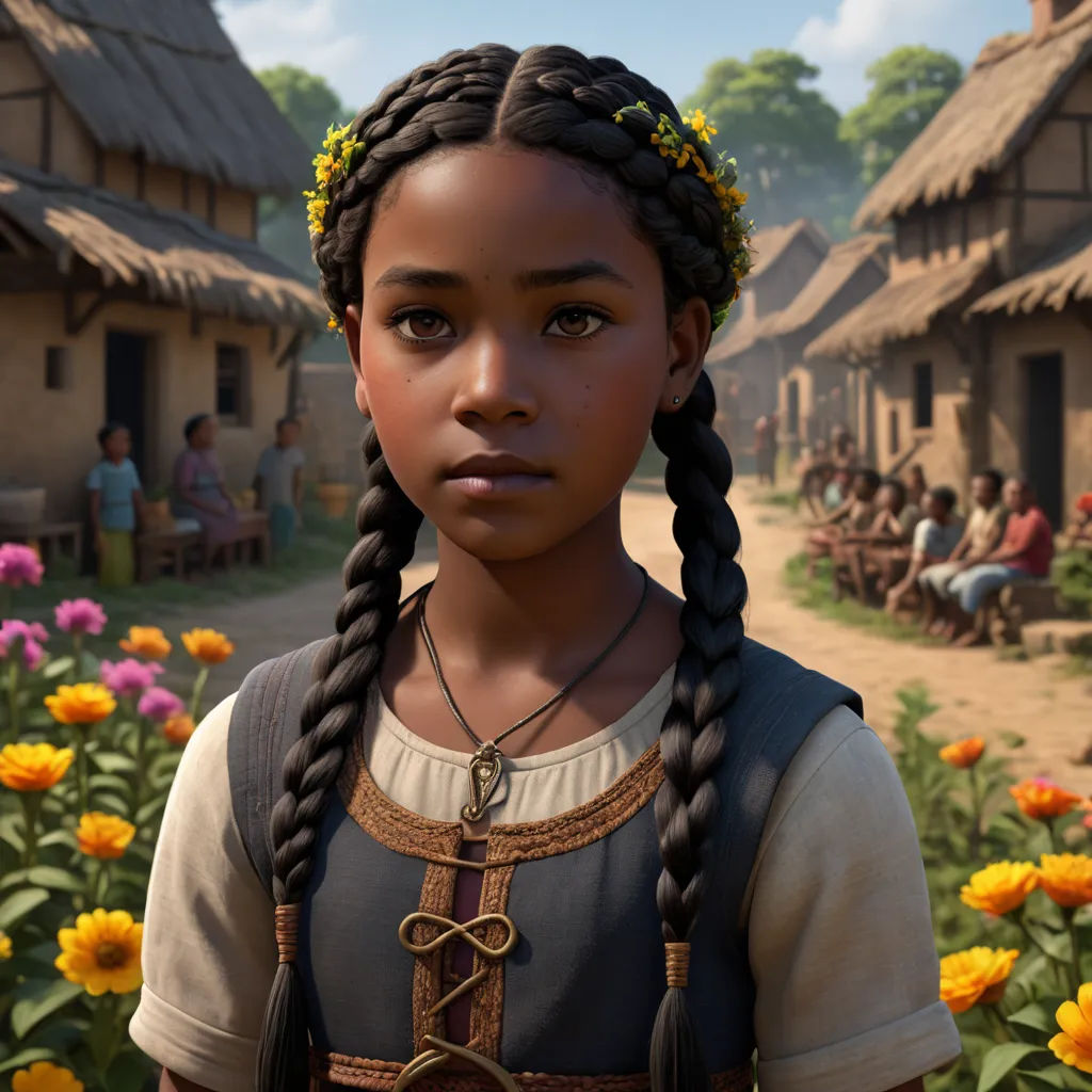 a young girl with braids standing in front of a flower garden with a village in the background and people sitting in the distance, photorealism, a character portrait, Anne Said, unreal engine highly rendered