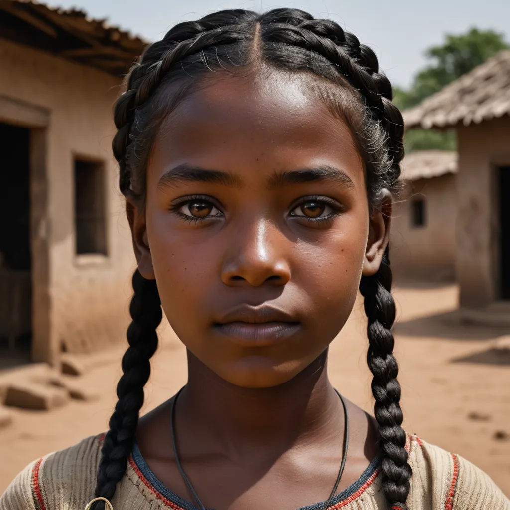 a young girl with braids standing in front of a building with a small hut in the background and a small building with a roof, samikshavad, a character portrait, Afewerk Tekle, award-winning photograph