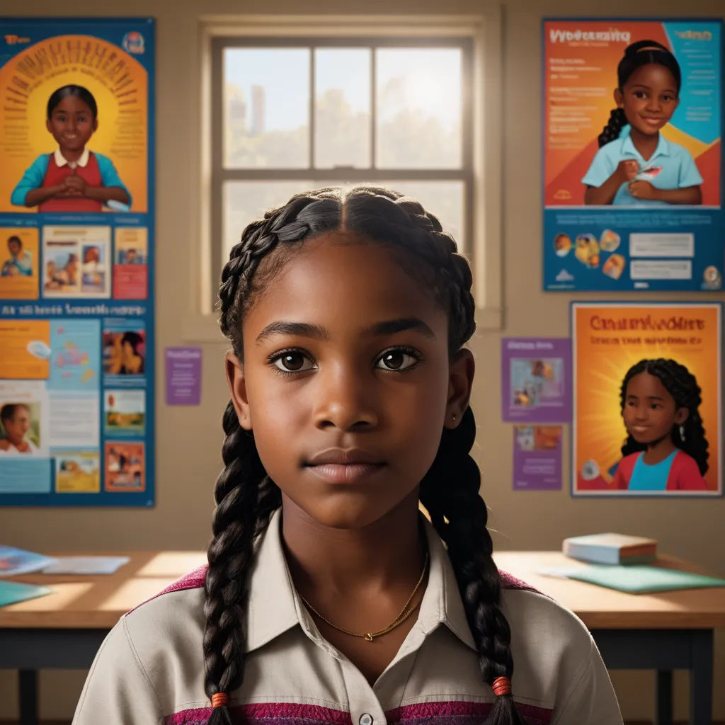 a young girl with braids standing in front of a classroom with posters on the wall behind her and a window, american scene painting, a poster, Ella Guru, poster