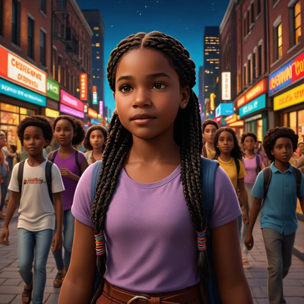 a young girl with braids standing in front of a crowd of people on a city street at night, harlem renaissance, a poster, Ella Guru, key art