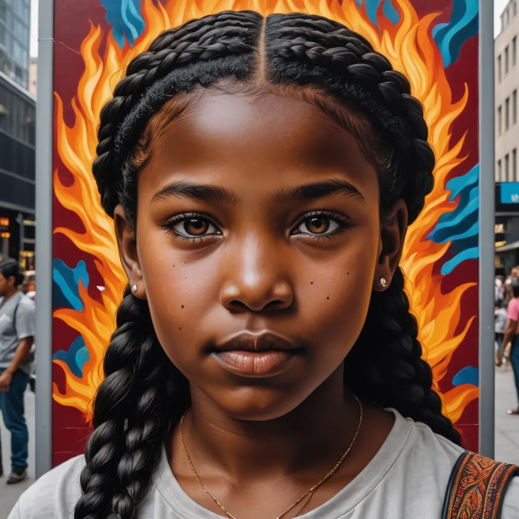 a young girl with braids and a painting of a fire on the wall behind her is looking at the camera, hyperrealism, a hyperrealistic painting, Daniel Lieske, photorealistic portrait