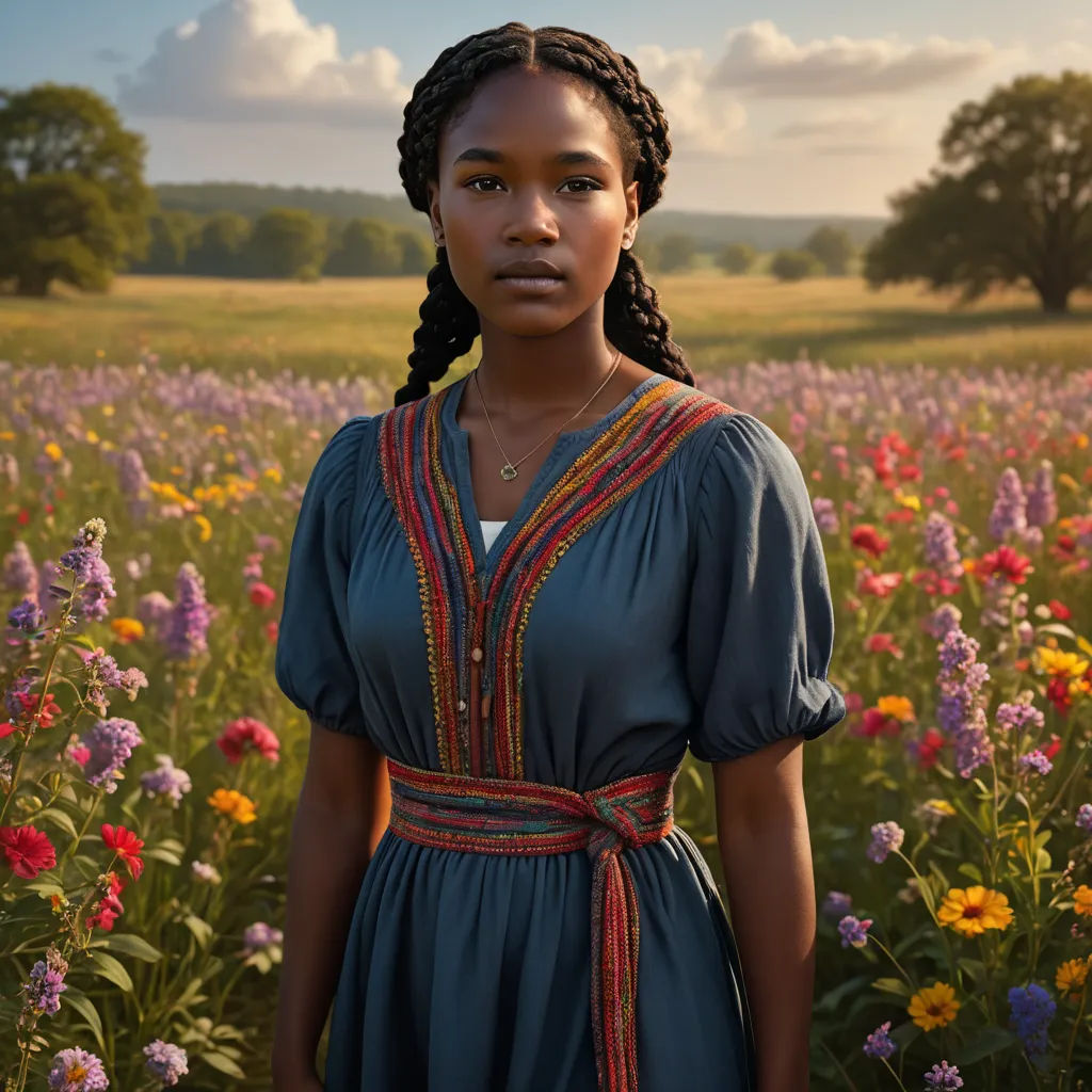 a woman in a field of flowers with a sky background and clouds in the background, with a sky line in the foreground, color field, a character portrait, Chinwe Chukwuogo-Roy, promotional image