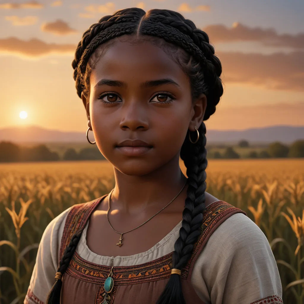 a young girl standing in a field of wheat at sunset with a sunset in the background and a sky with clouds, photorealism, a photorealistic painting, Dorothy Coke, cgstudio