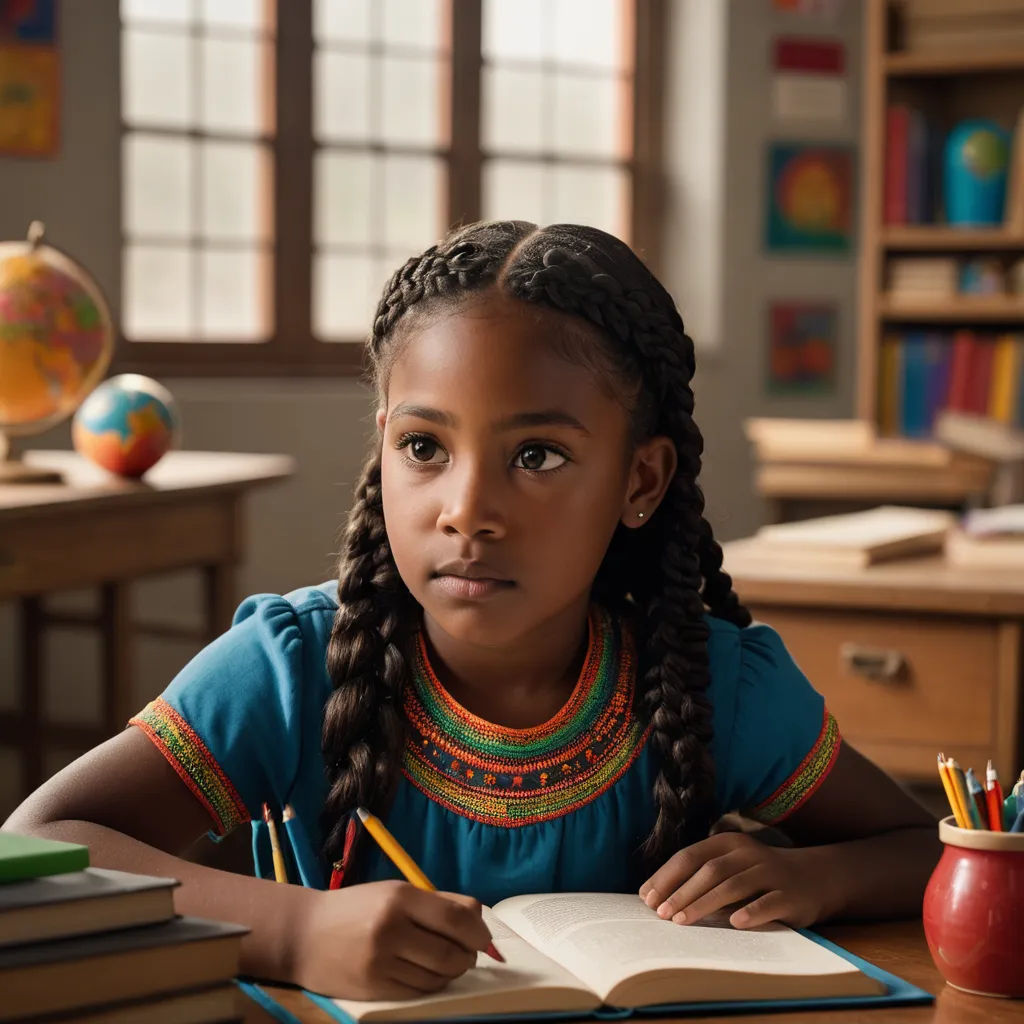 a young girl sitting at a desk with a book and pencils in her hand and a book in front of her, afrofuturism, a stock photo, Ella Guru, promotional image